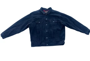 Vintage Levis Black Denim Jacket Plaid Blanket Lined Size XL Red Flannel USA - Picture 1 of 7