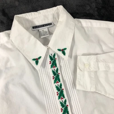 Женская футболка Jennifer Moore размер 10 белая Holly Berry на пуговицах рождественская - Изображение 1 из 4