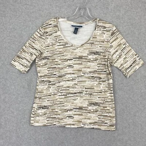 Karen Scott Top Womens M Tan Abstract Short Sleeve Stretch Knit Tee Casual - Picture 1 of 9