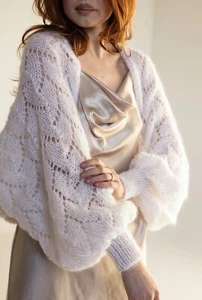 Vestido de noche tejido a mano chal mujer hombro encogerse de hombros blanco bufanda nupcial bolero - Imagen 1 de 11