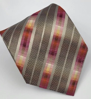 Kenneth Cole Silk Tie Pink Gray Brown Taupe Geometric Stripes Necktie 58 x 3.7/8 - Image 1 of 4