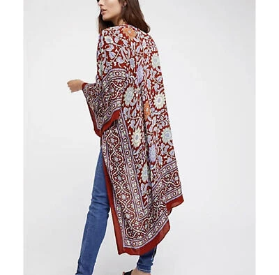 FREE PEOPLE burgundy blue floral magic dance print kimono duster  - Image 1 of 4
