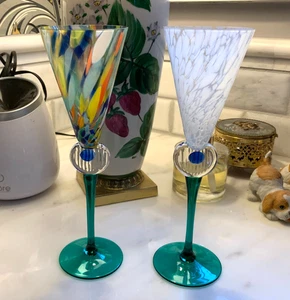 vintage Two BEAUTIFUL Venetian Murano Art Glass Handblown Flutes 9.75" High - Picture 1 of 12