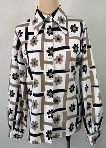 Vintage MOD Pointed Collar Square Floral Print Deadstock Button up Blouse M L - Picture 1 of 7
