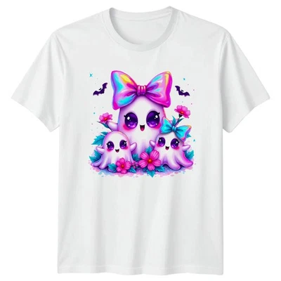Cute Ghosts Bows Halloween Mens T-Shirt Womens Tee Kawaii Graphic Unisex Top - Image 1 of 4