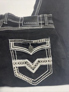 Jeans negros Lamasini para hombre 34x3 botón solapa bolsillo costura gruesa - Imagen 1 de 10