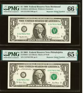 2 $1 1999 & 2001 Matching Repeater Serial Numbers Federal Reserve Bank Bills - Picture 1 of 8