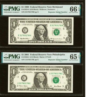 2 $1 1999 & 2001 Matching Repeater Serial Numbers Federal Reserve Bank Bills - Image 1 of 4