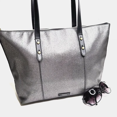 *Bolso de Hombro FOSSIL Jayda PLATEADO/NEGRO Cuero Vegano Grande Sólido Neutro Foto 1 de 4
