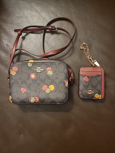 Rara nuova borsa Coach stampa ornamento mini fotocamera C6904 e portafoglio ID C7417 marrone Natale