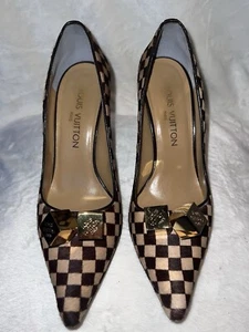 Louis Vuitton Brown Damier Ebene Pony Hair Gold Dice Heels Shoes, EU 38.5 US 8.5 - Picture 1 of 22