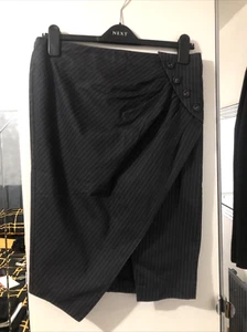 River Island Size 12 Grey Pinstripe Asymmetric Button Detail Wrap Front Skirt - Picture 1 of 6