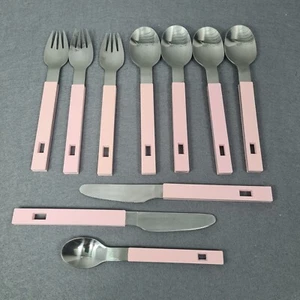 Vintage MCM Pink And Stainless Steel 10 Piece Hanging Cuttlery Set Hong Kong - Picture 1 of 5