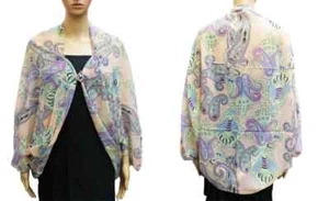Peach Paisley Print Wrap Cape Shawl Open Front Poncho Boho One Size - Picture 1 of 4