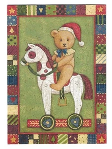 Teddy Bear on Rocking Horse Christmas Cards, Set of 18, Embossed, Country Plaid - Picture 1 of 1