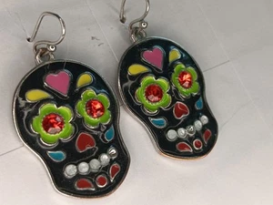 Costume Jewelry Earrings Sugar Skulls Enamel Rhinestones Pierced - Picture 1 of 6