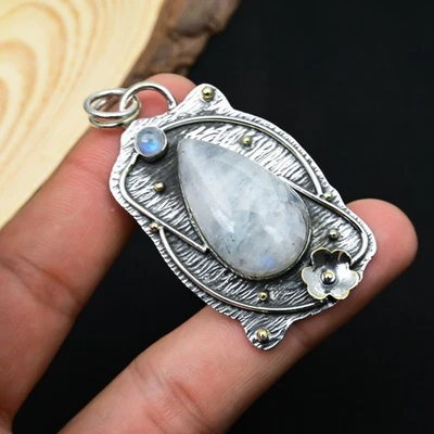 Delicado colgante de piedra lunar arco iris de plata de ley 925 hecho a mano joyería regalo 2,08" Foto 1 de 4