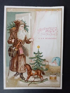 Antique Brown Coat Santa Claus Lithograph Trade Card H&N Weinheimer - Picture 1 of 7