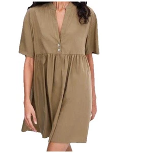 Zara Womens Large Short Sleeve V Neck Pleated Babydoll Khaki Flowy Casual Dress - Picture 1 of 6