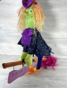 Halloween Kitchen Witch Doll Hanging Flying Figure On Broom Happy Funny Boho - Picture 1 of 14