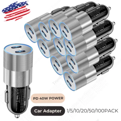 For iPhone 16 15 14 11 8 Samsung Dual Type C PD Fast 40W Car Charger Adapter Lot Foto 1 de 4