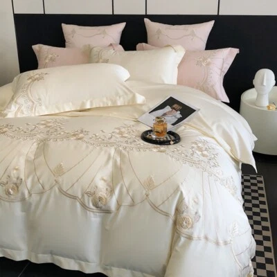 Duvet Cover Flat Sheet Pillowcases Bedding Set 4pcs European Classic Embroidery - Image 1 of 4
