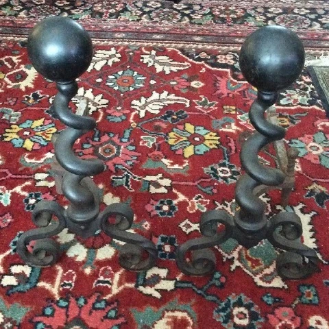 Antique Vintage Cannonball Type Fireplace Andirons w insert Cast Iron Decorative Cover
