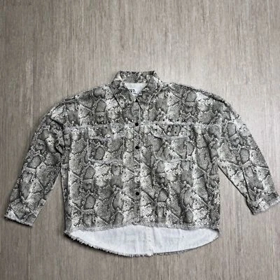 Zara Jacket Women's S Studded Frayed Hem Snakeskin Gray White Oversized Fit - Image 1 of 4