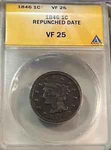 1846 Repunched (Small) Date Large Cent ANACS VF25 Best Price on Ebay* CHRC - Picture 1 of 4