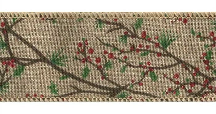 Holly Berry Branches Brown Weave Branchton Wired Ribbon 25 yards NEW christmas - Image 1 of 1