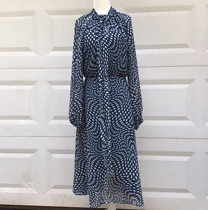 Scoop Midi Dress Womens S (4-6) Blue White Blouson Long Sleeve Neck Tie NWT - Picture 1 of 21