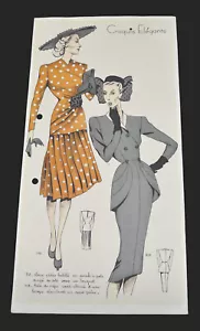 1930's HAND COLORED FRENCH FASHION SKETCHES- TWO 'CROQUIS ELEGANTS' BEAUTIES - Picture 1 of 8