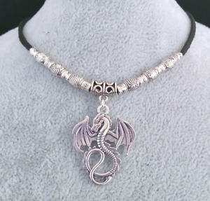 Tibetan Silver Dragon Pendant. Black Leather  Bead Necklace. Handmade + Gift Bag