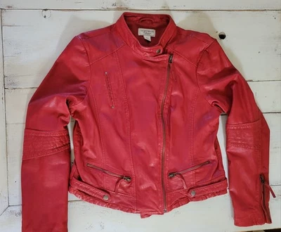Chaqueta de moto de cuero roja Lucky Brand XL para mujer recortada 100 % piel de cordero suave mantequilla  Foto 1 de 4
