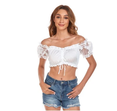 Dirndlbluse Spitze Trachten Langarm 3/4 Oktoberfest Bluse Spitzenbluse kurz weiß - Bild 1 von 4