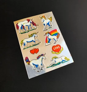 ULTRA RARE UNICORN PEGASUS rainbow heart vintage sticker SILVER FOIL CHROME HTP - Bild 1 von 5