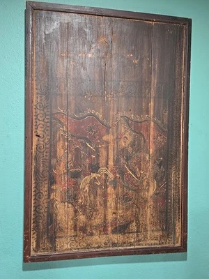 Vintage Original Chinese Painting On Wood Panel Chinese Warriors On Horseback - Image 1 of 4