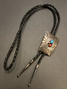 Navajo Sterlingsilber Türkis / rote Koralle Leder Halskette - Bild 1 von 8