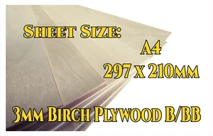 3mm Birch Plywood A4 Ply Sheet Craft Models Pyrography Laser B/BB - Qty Discount - Picture 1 of 6