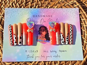 Handmade Press On Nails Fancy Cow Nails Design Medium Size XXL Long Square 10pc - Picture 1 of 11