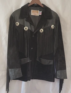 VTG Schott NYC Black Suede/Tooled Leather w/Conchos/Fringe Jacket Mens 40 USA - Picture 1 of 11