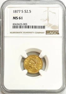 1877 S GOLD US $2.5 DOLLAR LIBERTY HEAD QUARTER EAGLE COIN NGC ABOUT UNC 58 - Picture 1 of 2