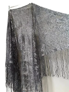 Vtg Specialty House Japan Triangle Silver Metallic Lace Fringe Large Scarf Shawl - Picture 1 of 24