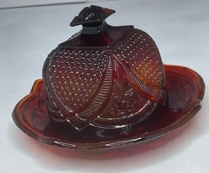 2 PC Ruby Red Amber glass thistle pattern covered round butter dish cheese dome - Picture 1 of 8