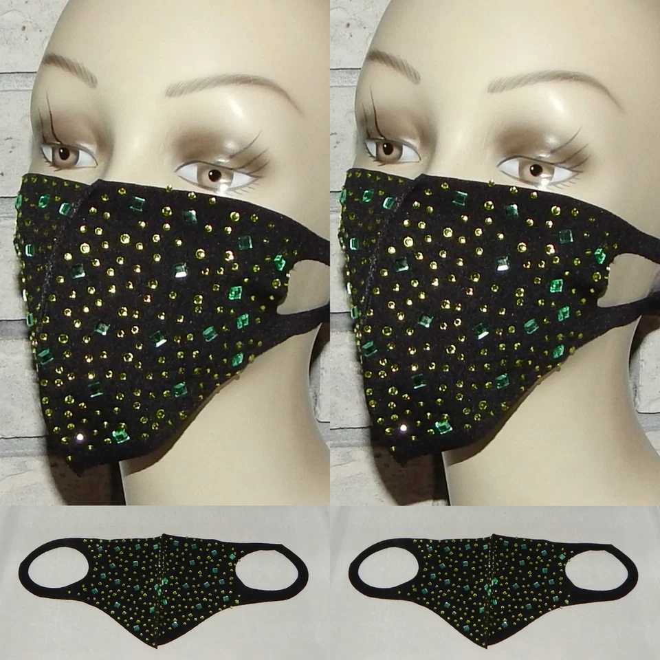 LOT OF 2 SPARKLE BLING GREEN GEOMETRIC BEADS WASHABLE STRETCH FACE MASK INDIANA - Image 1 of 1