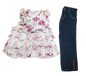 Calvin Klein Jeans Girls 2PC Floral Ruffle Tank Top Denim Jeans Outfit Set 6 6X - Picture 1 of 7