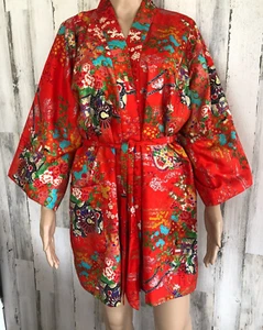 Authentic vtg ICHIBAN 100% SILK Kimono Robe Made Japan Lined Belted Red Floral - Picture 1 of 19
