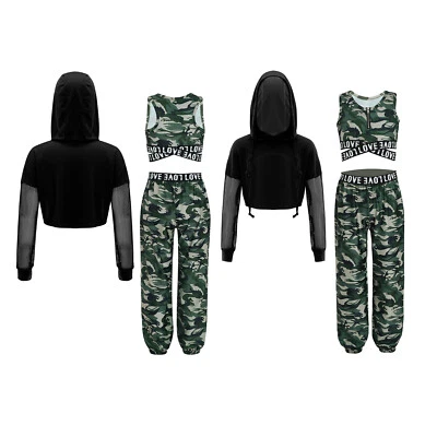 Niños Niñas Conjunto Trajes de Entrenamiento 3 Piezas Traje Ropa de Baile Hip-Hop Cordón Disfraz Foto 1 de 3