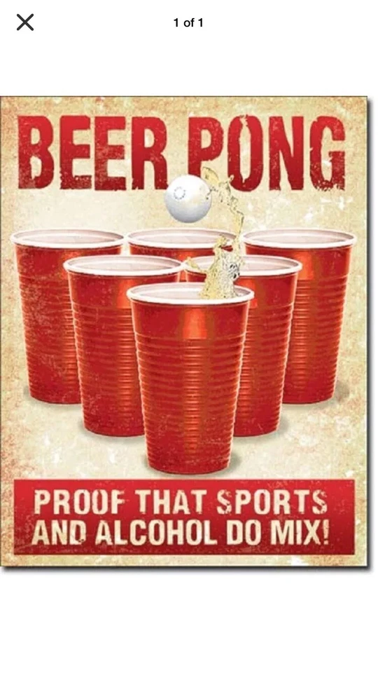 TIN SIGN "Beer pong” Sports College Humor Comedy Beer Mancave Rustic Gifts - Image 1 of 1