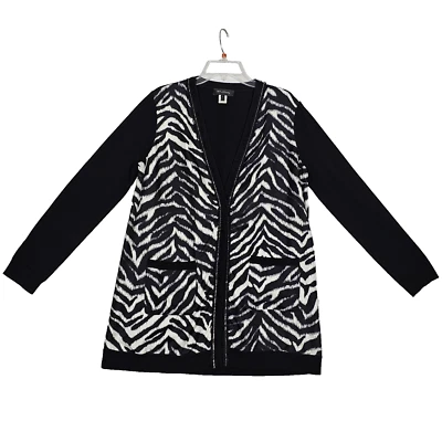 St. John Medium Cardigan Zebra Print Chain-Trim Knit Longline Wool Silk Sweater - Image 1 of 4